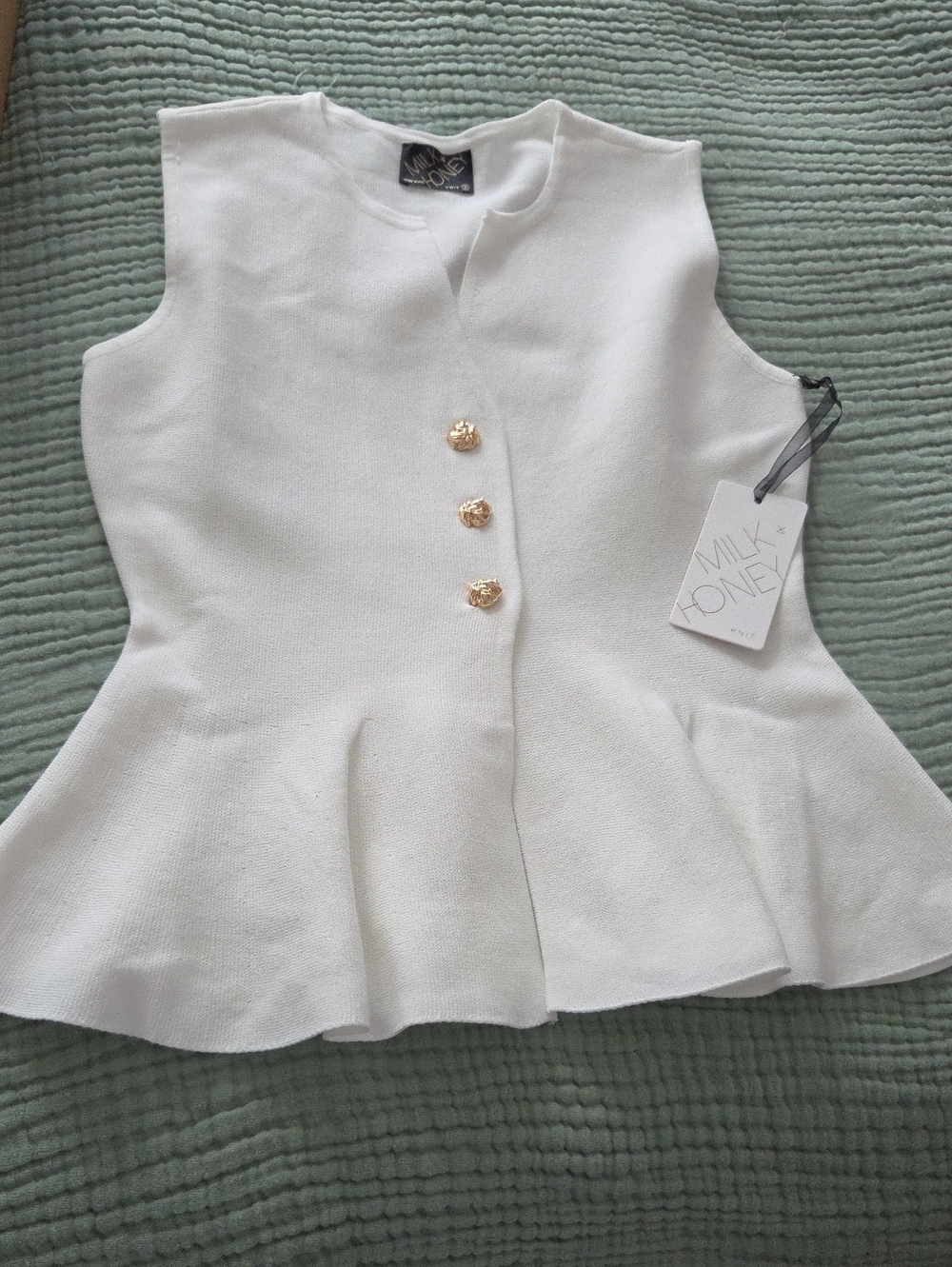 MILK+HONEY White Peplum Knit Vest with Gold Buttons